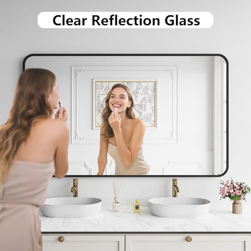 Koonmi Bathroom Mirror, 36X60 Brushed Black Metal Framed Wall-Mounted Mirror - Image 3
