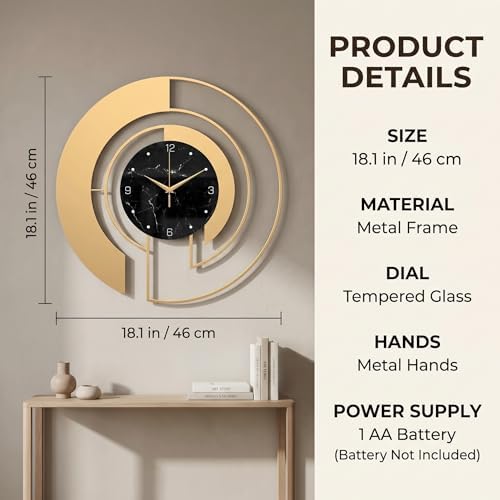 18-Inch Modern Large Metal Wall Clock, Marble-Patterned Tempered Glass Dial - Image 3