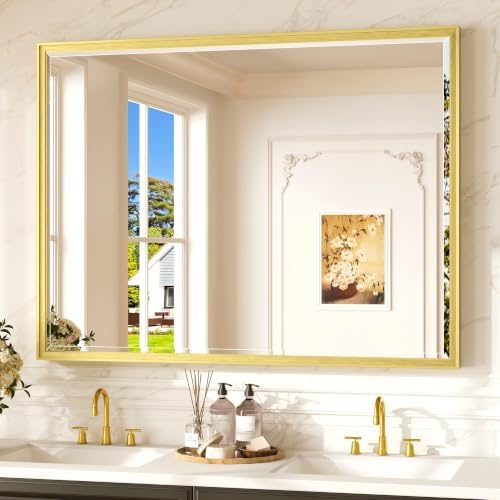 Keonjinn 48" x 36" Gold Bathroom Vanity Mirror, Safe HD Tempered Glass by Keonjinn