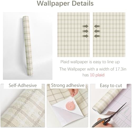 Plaid Wallpaper Peel and Stick Boho Gingham Neutral 78.7’’ x 17.3’’ - Image 3
