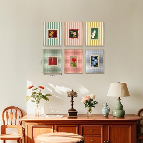 Coquette Pink Floral Posters Wall Art Set of 6, Colorful Stripes and Checks - Image 4