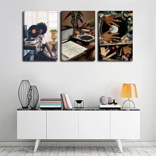 Framed Black Girl Canvas Wall Art 3Pcs black Girl Record Music Wall Decor - Image 2