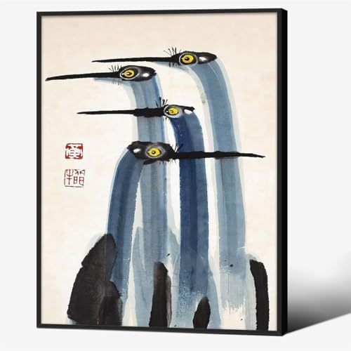 Vintage Japanese Crane Black Framed Poster Antique Asian Bird Canvas Wall Art by Unknown