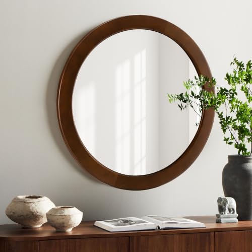 Round Mirrors 28 Inch, Wood Vanity Wall Rustic Mirror - Image 3