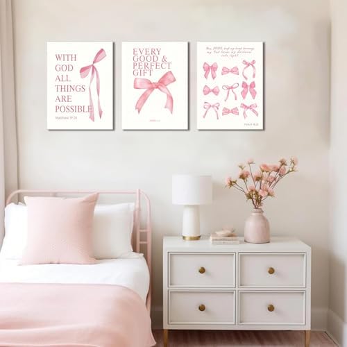 3 Pcs Coquette Pink Bow Canvas Wall Art Inspirational Bible Verses Bow Posters - Image 3