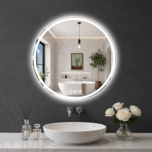 Round LED Bathroom Mirror, 28 Inch, HD Shatterproof Tempered Glass by WISSMIELSHOME