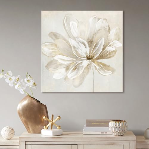 SEVEN WALL ARTS White Flower Wall Art Beige and Gold Blooming Flower Abstract - Image 2