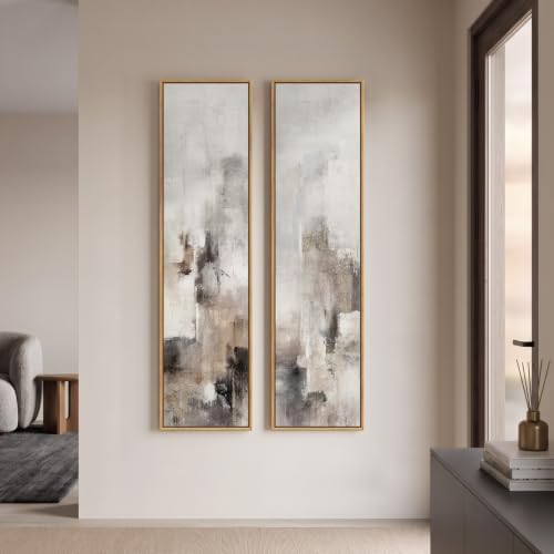 Framed Neutral Gray Beige Abstract Vertical Narrow Wall Art Decor, 2 Piece - Image 5