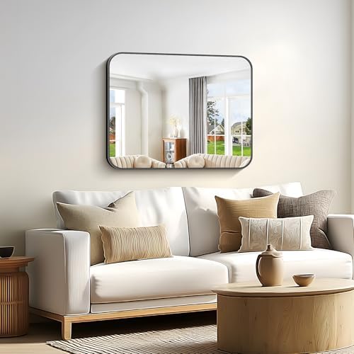 Bathroom Mirror, 30 x 24 inch Metal Framed Black Rectangle Mirror, Rounded - Image 2