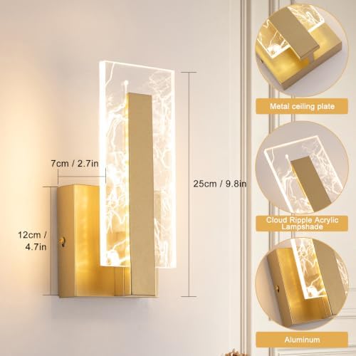 Modern Wall Sconces Set of Two, Hardwired Gold Wall Light Lighting, 3000K Warm - Image 2