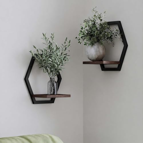 2 Pack Hexagon Wall Plant Stands, 9 Inch Walnut Wood Shelf Black by HomecourtyardsInterio