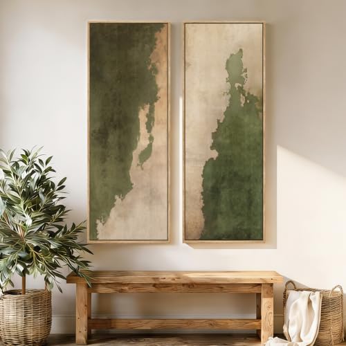 Large Framed Beige Green Abstract Vertical Wall Art by Unknown