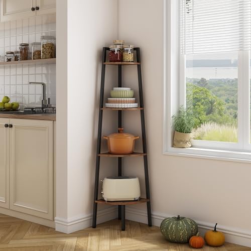 Hoctieon Corner Shelf, 4-Tier Corner Bookshelf, Rustic Ladder Shelf, Industrial - Image 6