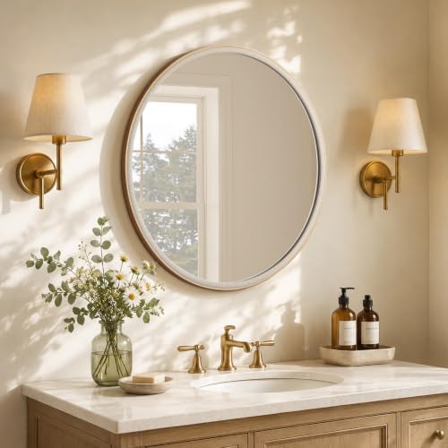 WallBeyond Round Mirror 32 Inch, Linen-Texture Circle Wall Mirror - Image 2