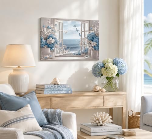 Birnsen Coastal Bathroom Flower Canvas Wall Art Blue Hydrangea Fake Window - Image 6