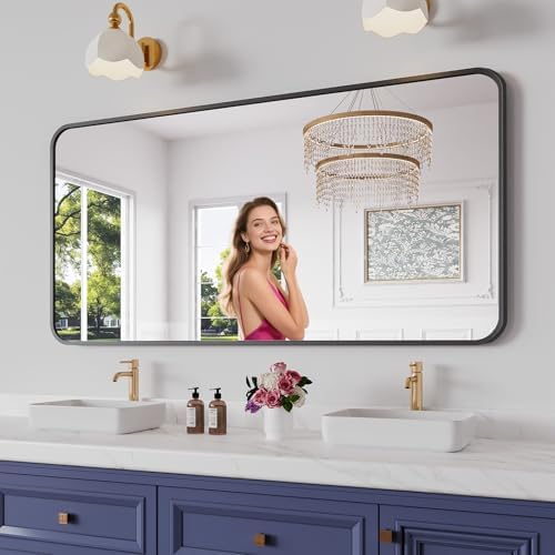 Koonmi Bathroom Mirror, 30X60 Inch Black Metal Framed Mirror by KOONMI