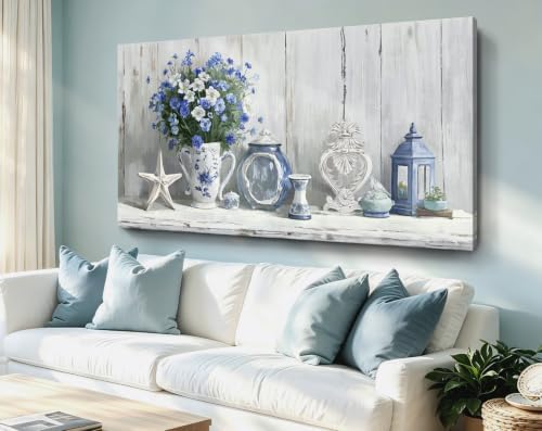 Nicetop Large Coastal Wall Art – Blue and White Floral Artwork, Rustic - Image 3