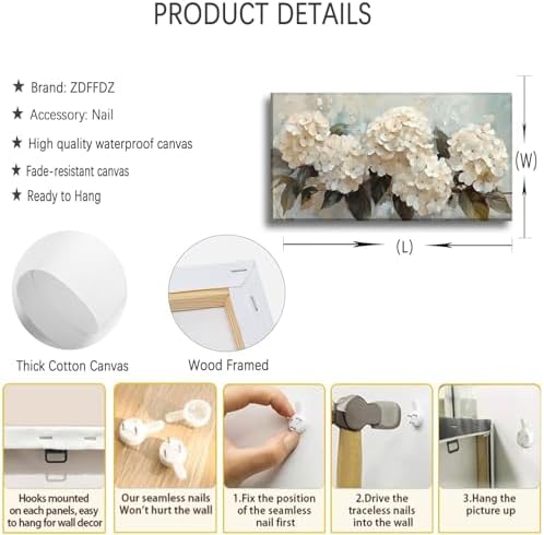 Large Hydrangea Canvas Wall Art Texture White Flower Plant painting Decor - Image 2