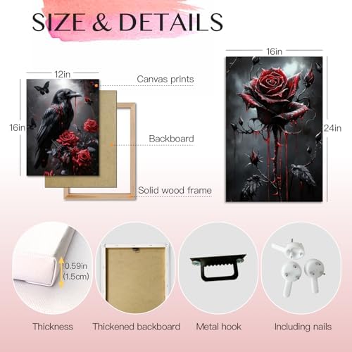 Hianan Wrapped Canvas Dark Goth Crow Rose Skull Wall Art Set of 3, 16x24 in - Image 6
