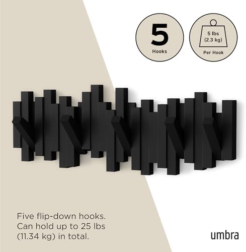 Umbra Sticks Wall Mount Coat Rack, 5 Hook Retractable Pegs - Image 5