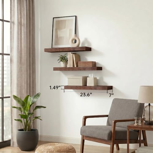 Walnut Floating Shelves for Bathroom, 24 Inch Wooden Shelf Set of 3 - Image 6