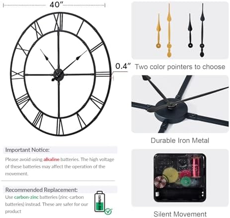 40 Inch Large Silent Wall Clock, Easy Assembly Roman Numeral Black - Image 4