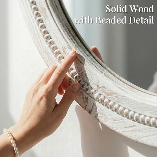 Solid Wood 30 Inch Round Beaded Bathroom Mirror, Distressed White - Image 2