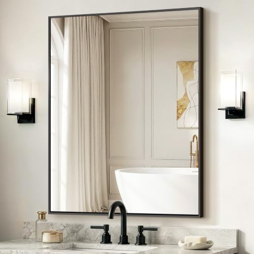 Delma Bathroom Vanity Mirror, 36x30 Black Metal Framed Mirror by Delma