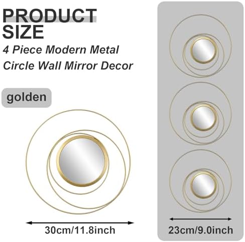 4 Piece Gold Round Wall Mirror Set Modern Metal Circles - Image 2