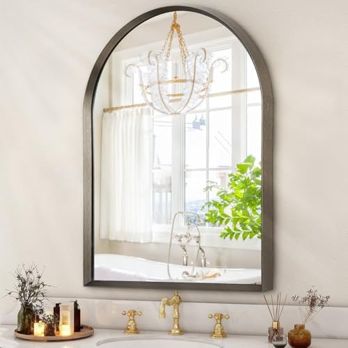Arched Mirror Bathroom Wall Mirror 16"x12" Brushed Metal Vanity Wall Mounted by HLFMVWE
