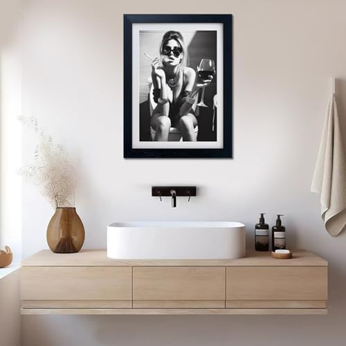 Framed Girl on Toilet Wall Decor, Woman on Toilet Smoking and Drinking Wine - Image 6