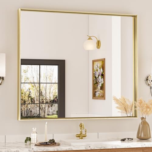 Keonjinn 42x36 Inch Gold Bathroom Mirror by Keonjinn