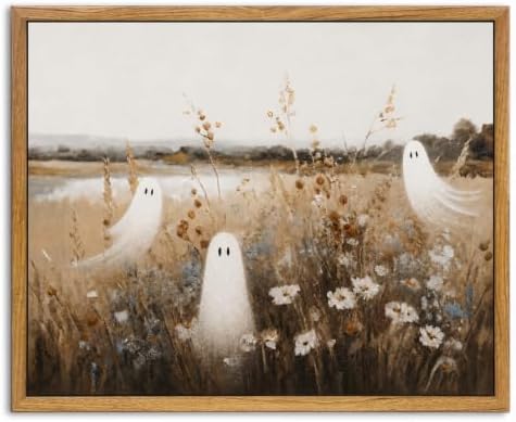Framed Vintage Halloween Wall Art, Cute Ghost Meadow Painting 8x10Inch by KBKBART