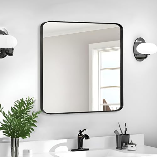 Black Bathroom Mirror 30x30in, Metal Framed Rounded Rectangle Wall - Image 2