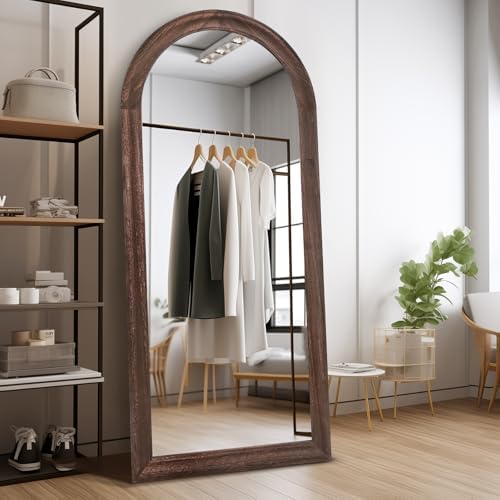 71x32 Solid Wood Arched Full Length Mirror, Elegant Brown Finish - Image 7