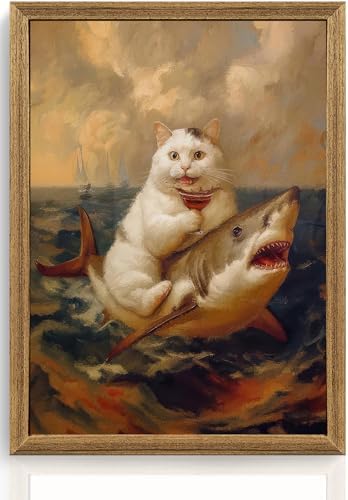 ICHZUMW Framed Funny White Cat Riding Shark Ocean Canvas Wall Art 12x16 In by Unknown