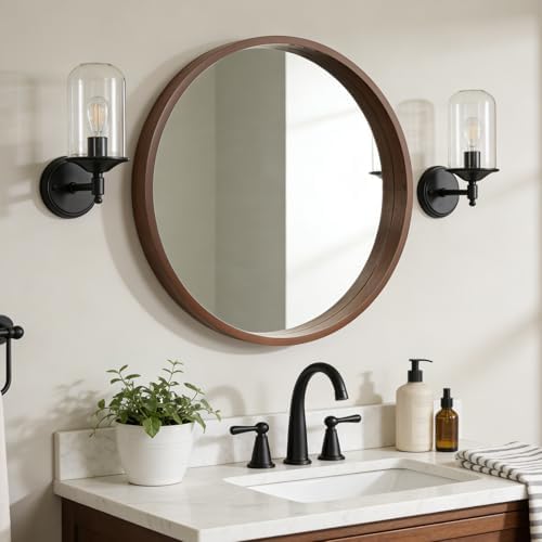WallBeyond 28 Inch Round Wood Mirror, Large Circle Wooden Frame Wall Mirror by WallBeyond