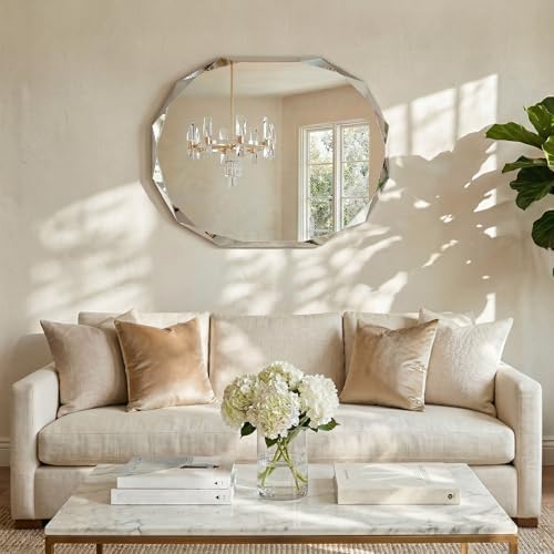 30" x 36" Large Faceted Frameless Wall Mirror, Diamond Edge Oval Bathroom - Image 7