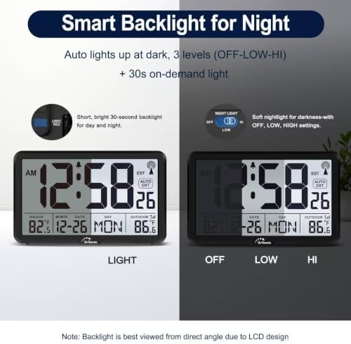 WallarGe Atomic Clock with Backlit, Indoor Outdoor Temp, Battery Operated - Image 4
