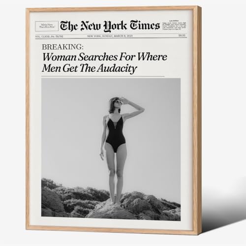 Trendy NewsPaper Wall Art 8x10in Wood Grain Frame Woman Searches by Unknown