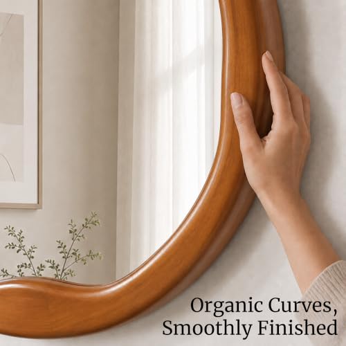 Warm Walnut 36 Inch Round Wood Wall Mirror, Asymmetrical Inner Edge - Image 3