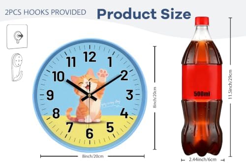 8” Cat Pattern Silent Wall Clock, Battery Operated Clock - Image 3