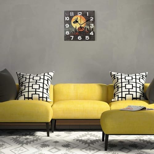 Moderate 8 Inch Square Wall Clock, Halloween Cemetery Carved Pumpkin Flying - Image 2