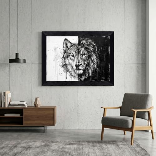 Framed Canvas Wall Art Mixed Media Wolf and Lion Split Face High Contrast - Image 4