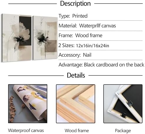 2Pcs Framed Neutral Abstract Canvas Wall Art Floral Pictures Modern Minimalist - Image 5