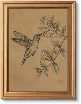 VIYYIEA Vintage Gold Framed Wall Art, Hummingbird Sketch Print, 12x16 inch by VIYYIEAART