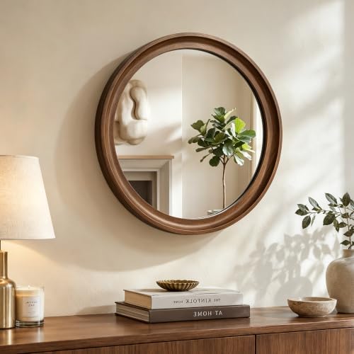 Round Wood Mirror, Walnut Brown by LawadaMirror