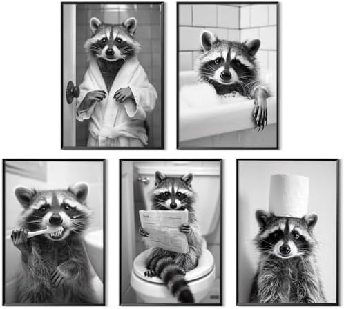 Bathroom Raccoon Decor Wall Art Funny Toilet Animal Canvas Pictures Black And by Unknown