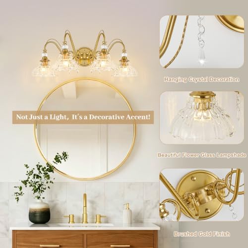 Vintage Bathroom Vanity Light, 4-Light Brushed Gold Finish Wall Sconce - Image 4