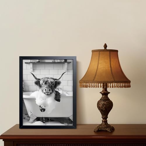 Highland Cow Bathroom Wall Art, Cute Black and White Animal Wall Decor Painting - Image 2